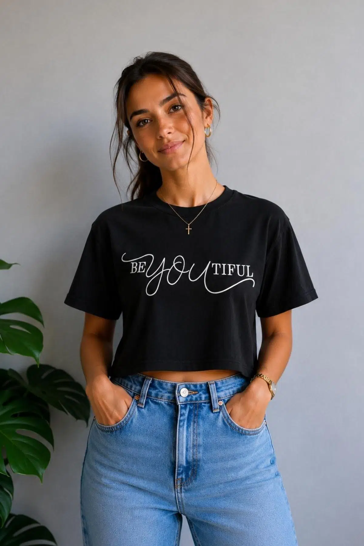 Yumuşak Dokunuşlu Crop Kısa Baskılı T-shirt - Siyah Beyaz