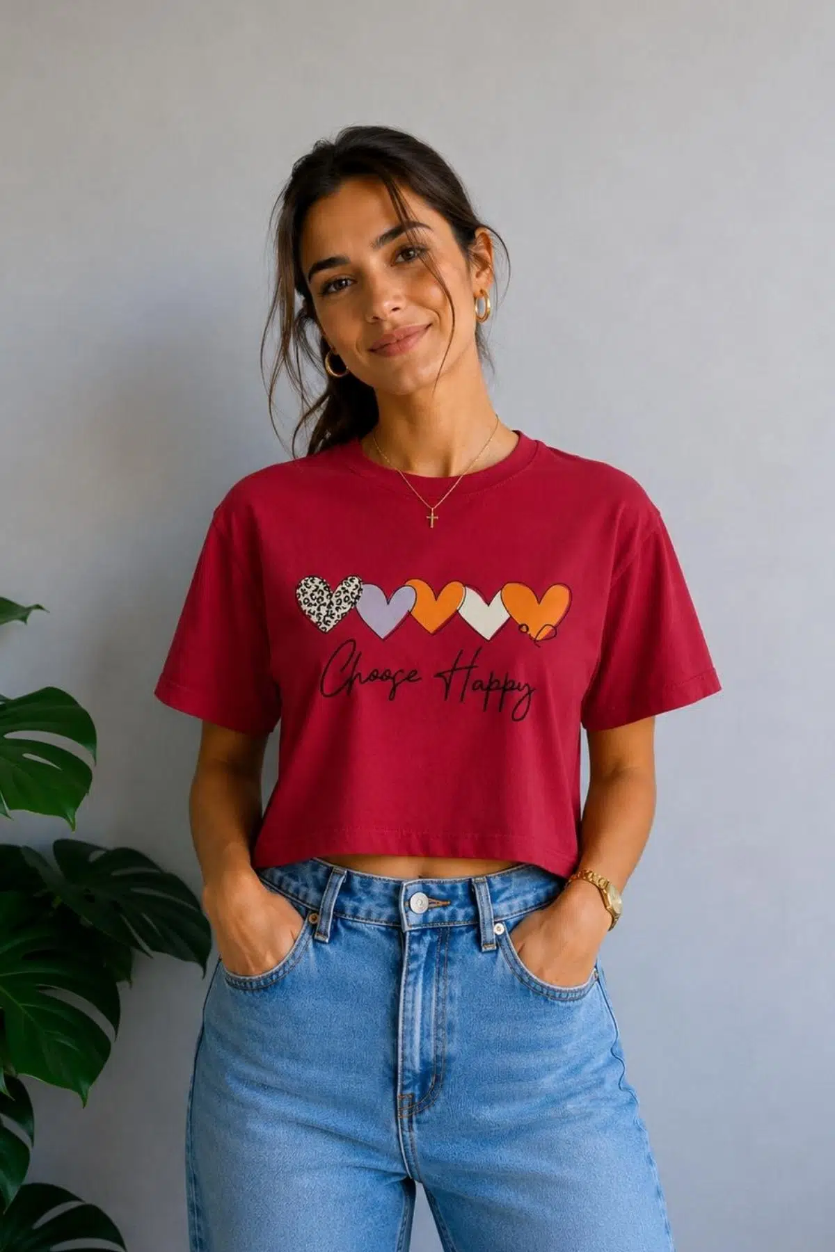 Yumuşak Dokunuşlu Crop Kısa Baskılı T-shirt - Kırmızı