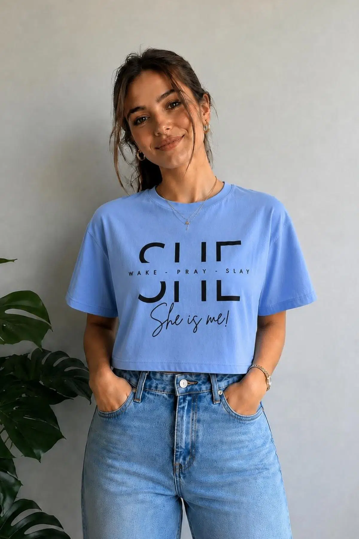 Yumuşak Dokunuşlu Crop Kısa Baskılı T-shirt - Mavi