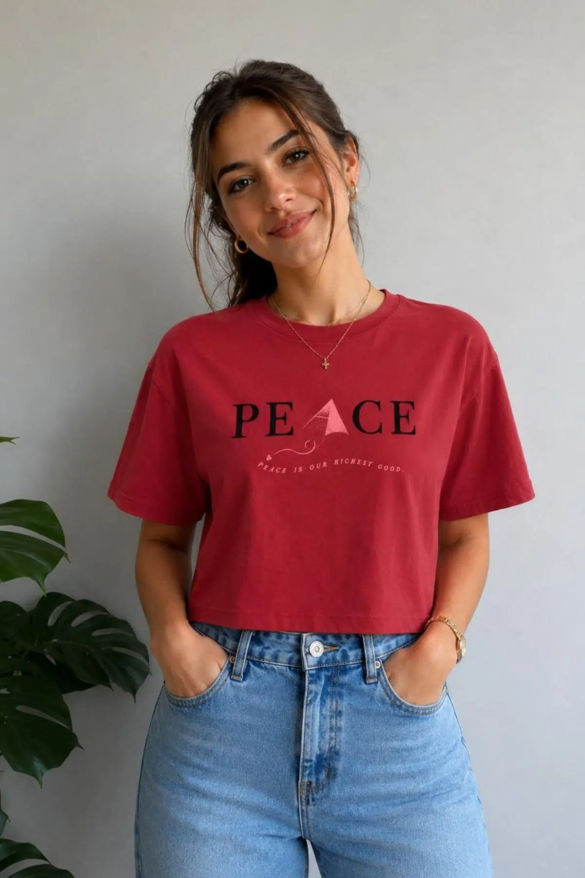 Yumuşak Dokunuşlu Crop Kısa Baskılı T-shirt - Bordo