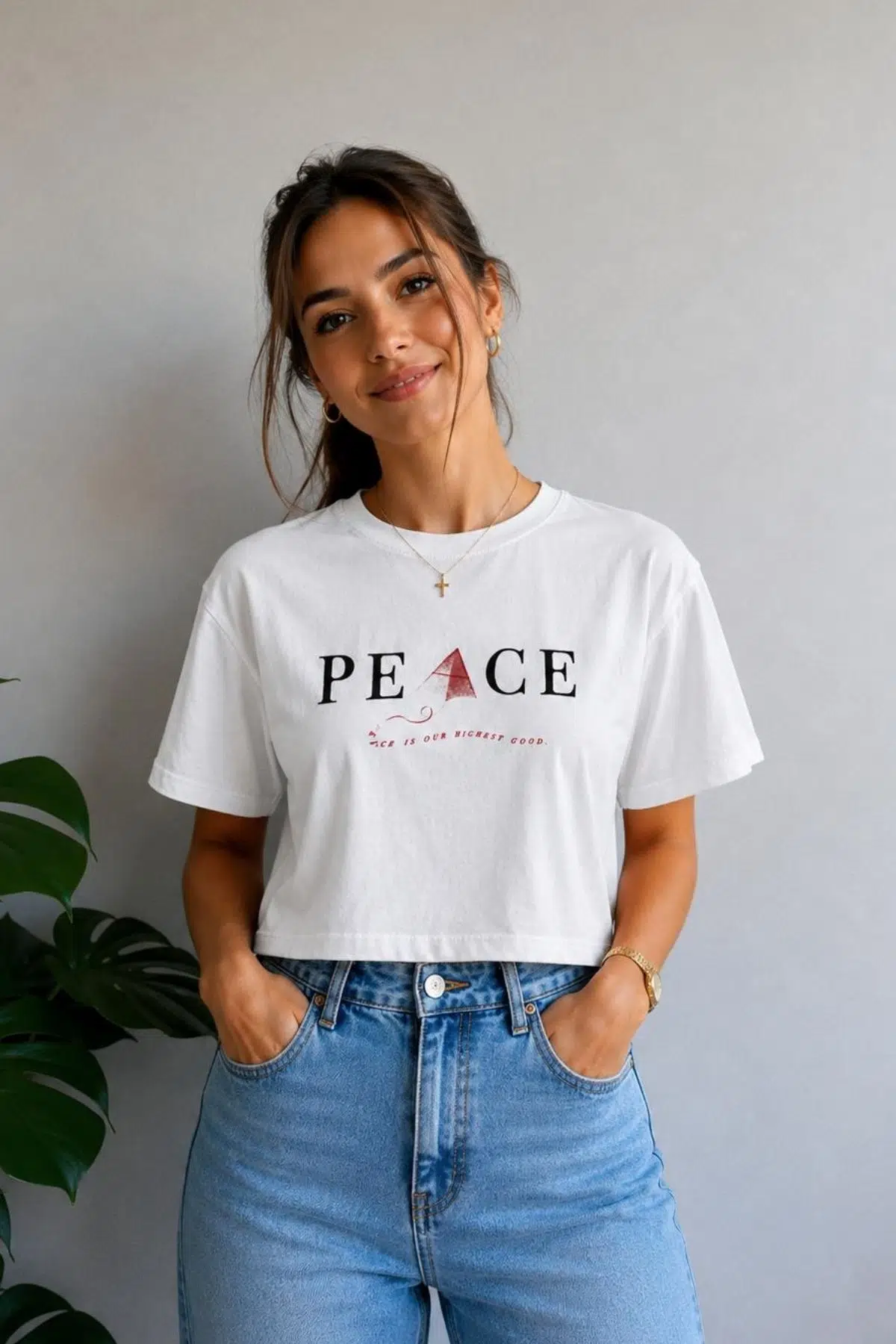 Yumuşak Dokunuşlu Crop Kısa Baskılı T-shirt - Beyaz